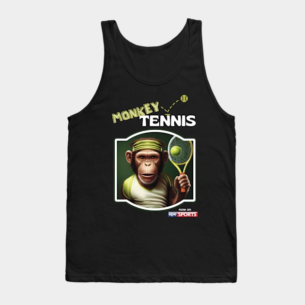 Monkey Tennis Funny Print on Black Tank Top by Geminiartstudio